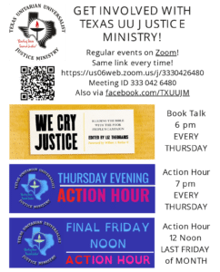 Texas Unitarian Universalist Justice Ministry Action Hour flyer